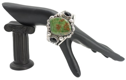 Native American Green Turquoise & Onyx Silver Cuff - Gross 2.020 ozt.