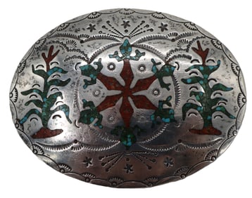 Tested Sterling Silver, Coral, And Turquoise Belt Buckle - Gross 2.570 ozt.