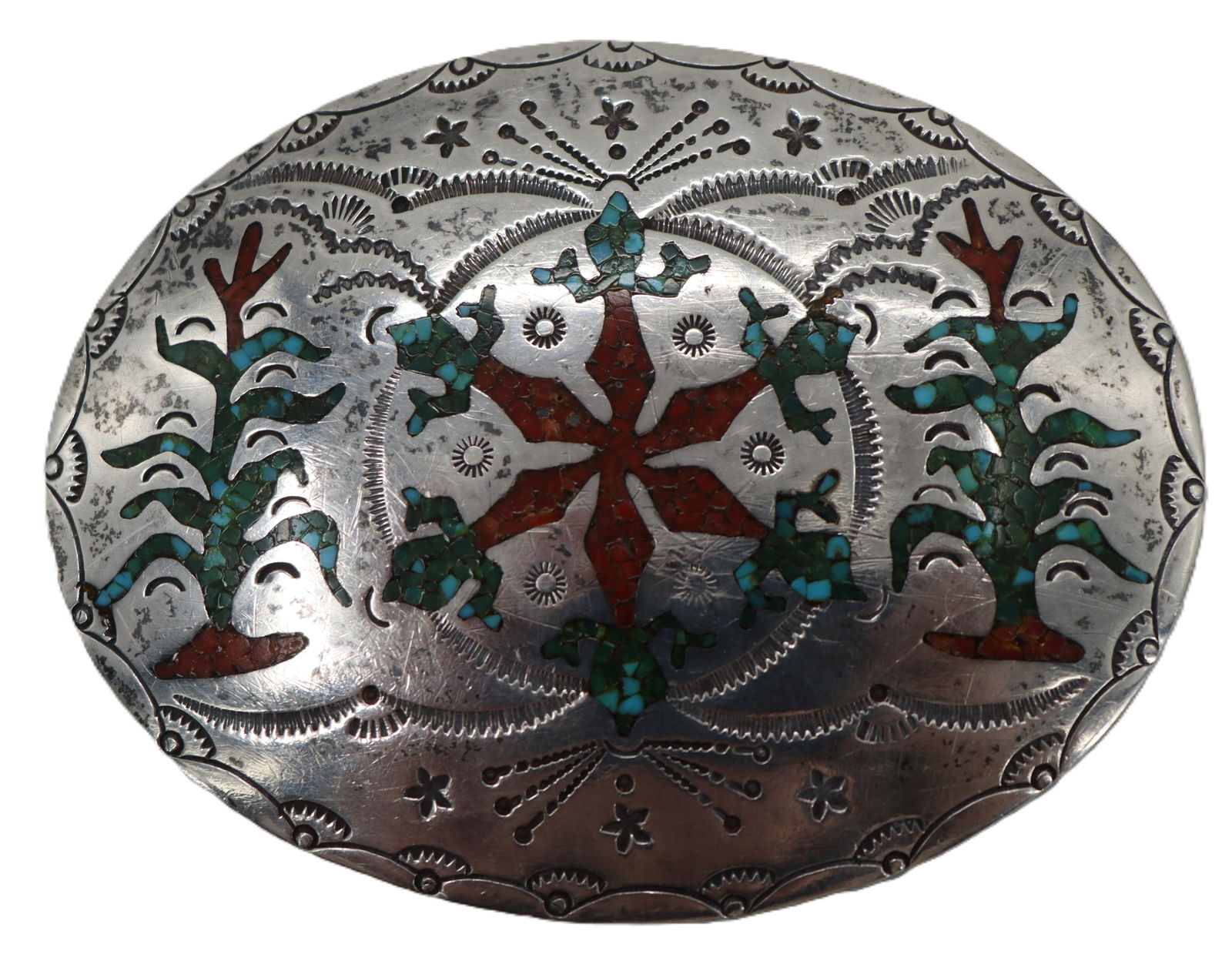 Tested Sterling Silver, Coral, And Turquoise Belt Buckle - Gross 2.570 ozt.: Tested Sterling Silver, Coral, And Turquoise Belt Buckle. Marked FK on back. Embossed design. Inlay coral and turquoise. Condition: Missing screw. Size: 3 7/8 x 3 in. Gros