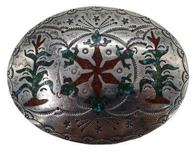 Tested Sterling Silver, Coral, And Turquoise Belt Buckle - Gross 2.570 ozt.: Tested Sterling Silver, Coral, And Turquoise Belt Buckle. Marked FK on back.&nbsp; Embossed design. Inlay coral and turquoise.&nbsp; Condition: Missing screw.&nbsp; Size:&nbsp;3 7/8 x 3 in.&nbsp; Gros