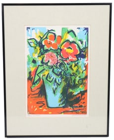 Signed Modernist Floral Still Life Lithograph