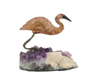 Carved Stone Egret on Amethyst Geode