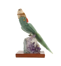 Carved Semiprecious Stone Parrot on Amethyst Geode