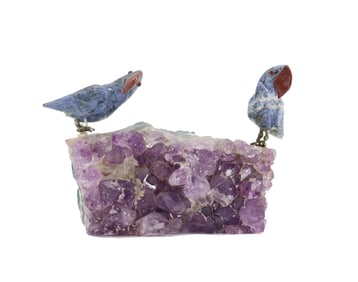 Carved Semiprecious Stone Parakeets on Amethyst Geode