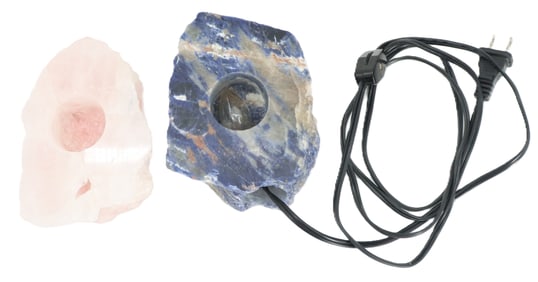 (2) Blue Sodalite Electric Light Stand and Rose Quartz Candle Holder