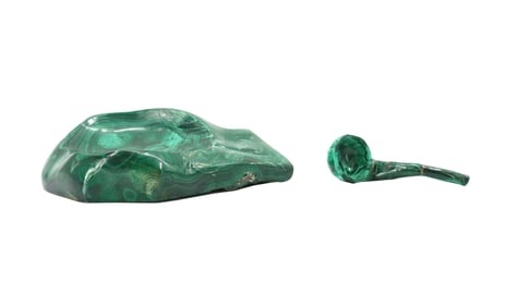 (2) Polished Malachite Smoking Items - Ash Tray and Pipe