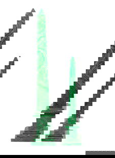(2) John Richard Faux Malachite Obelisks: (2) John Richard Faux Malachite Obelisks, As Is. Faux malachite with a great green color to them. One is larger than the other. John Richard sticker on the undersides.&nbsp; Condition: Commensurate wi