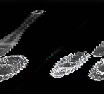 (3) Orrefors Glass Objects: (3) Orrefors Glass Objects. Lot comprised of three Orrefors clear glass items; two small bowls or ash trays, one vase with belled base. Incise signature on base. Orrefors is a renowned Swedish glasswo