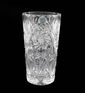 Russian (USSR) Hand-Cut Valentina Lead Crystal Vase: Russian (USSR) Hand-Cut Valentina Lead Crystal Vase. Elaborately hand-cut Valentina lead crystal vase with pinwheels, starburst, and fluted geometric patterns. With sticker reading &quot;242 PBC Hand