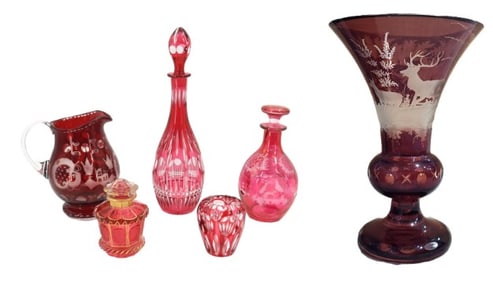 (6) Czech Bohemian Red Cut to Clear Glass Objects