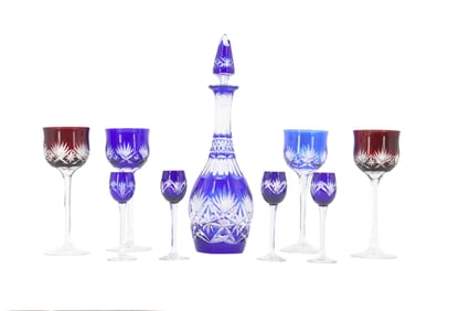 (9) Cut to Clear Cranberry or Cobalt Glass Items, Glasses and Decanter