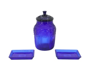 Pioneer Woman "Adeline" Cobalt Blue Glass Biscuit Jar and (2) Small Rectangular Trays