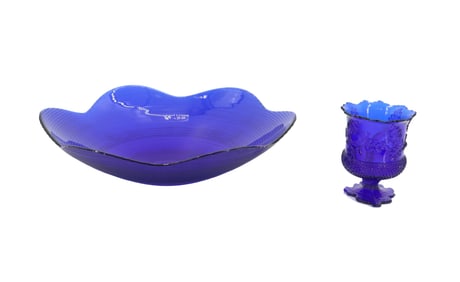 American Mosser Glass Cobalt Blue Acorn Spooner and Modernist Flower Bowl