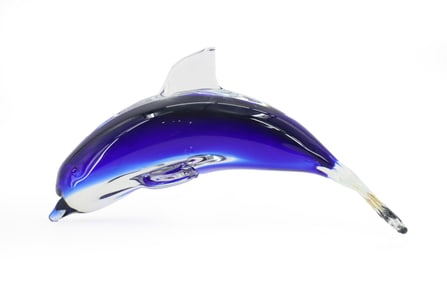 Cobalt Blue and Clear Blown Art Glass Dolphin Figurine