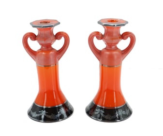 (2) Art Deco Style Glass and Enamel Painted Sculptural Vases or Candlesticks