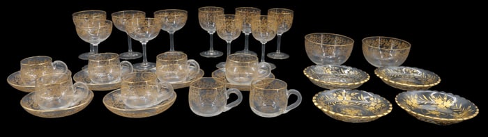 (30) Piece Glass Drink and Serve Ware Set with Gilt Patterns