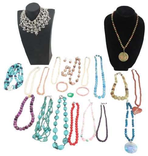 Diverse Collection of (24) Jewelry Pieces: Diverse Collection of (24) Jewelry Pieces. Lot consists of 19 necklaces; 1 being a unakite necklace with pendant, 3 bracelets, 1 pair of earrings, and 1 ring. Longest Length: 28 