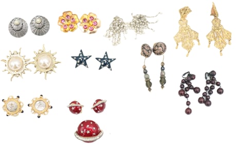 Collection of Costume Jewelry - (10) Pairs of Clip-On Earrings & 1 Brooch