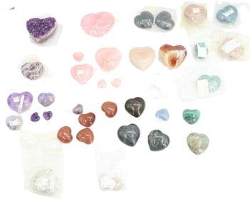 Collection of Polished Heart Shaped Stones, Minerals, and Clusters