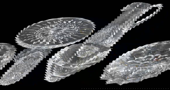 (5) Clear Cut Crystal Glass Items - AS IS: (5) Clear Cut Crystal Glass Items - AS IS . Lot of five various crystal glass items by various manufacturers, including Orrefors and Waterford. Footed server with Waterford mark. Condition: The orrefo
