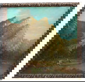 Large Yosemite Valley Oil on Canvas Painting Attributed to Albert Bierstadt "Bear Trappers at the