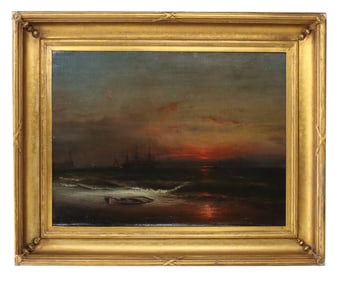 James Hamilton (1818-1878) American, Large Oil on Canvas "New York Harbor" in the Original Frame