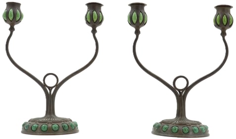 Pair of Tiffany Studios Bronze and Green Cabochon Candelabras