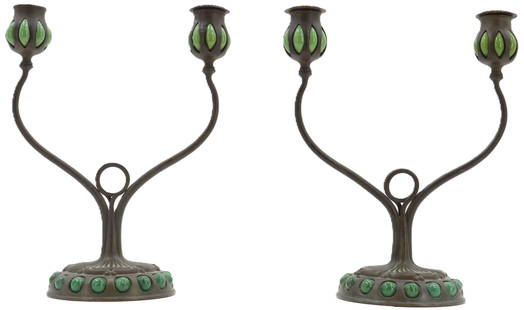 Pair of Tiffany Studios Bronze and Green Cabochon Candelabras: Pair of Tiffany Studios Bronze and Green Cabochon Candelabras. Bottom reads tiffany studios New York 0557. This exquisite pair of Tiffany Studios candelabra showcases the iconic design and craftsmansh