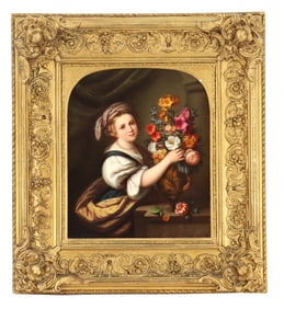 19th Century German Likely KPM Painted Porcelain Plaque, Girl With Parrot