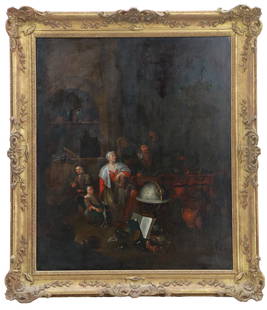 After Balthasar van den Bossche (1681–1715) Flemish, Baroque Oil on Canvas Genre Painting: After Balthasar van den Bossche (1681–1715) Flemish, Oil on Canvas Baroque Genre Painting. Antique oil on canvas genre painting, Man Examining a Bottle of Urine, a satirical composition depicting a