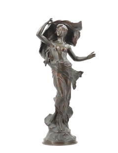 Eugene Marioton (1857–1933) French, Figural Female Bronze Sculpture: Eugene Marioton (1857&ndash;1933) French, Figural Female Bronze Sculpture. Cast bronze figural sculpture of a classical female figure casting a flowing garment from her shoulders. Incise signature on