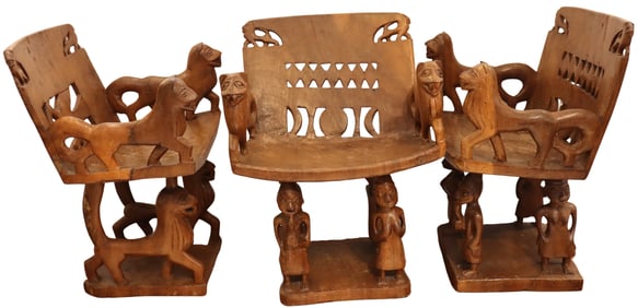Rare Group of 3 Heavily Carved African Chairs from the Ex Collection of The Ralph Lauren