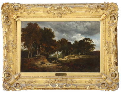 Sidney Richard Percy (1822–1886) British, Oil on Canvas Landscape: Sidney Richard Percy (1822&ndash;1886) British, Oil on Canvas Landscape. Traditional oil on canvas landscape painting depicting a forest brook, with a herd of sheep bathing in the water.&nbsp;Attribut