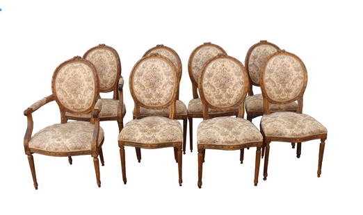 (8) French Gilt Wood Louis XVI Style Upholstered Dining Chairs: (8) French Gilt Wood Louis XVI Style Upholstered Dining Chairs. Includes 2&nbsp;arm chairs and 6 side chairs, making a complete set.&nbsp;Beautiful floral patterns, and delicately carved wood. Label o