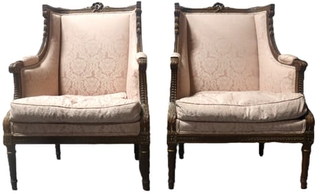 Pair of Louis XVI-Style Carved And Upholstered Bergère Armchairs