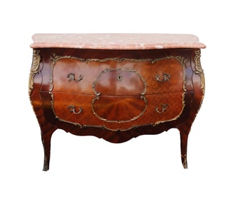 Vintage French Louis XV Style Marble Top Bronze Marquetry Bombe Commode