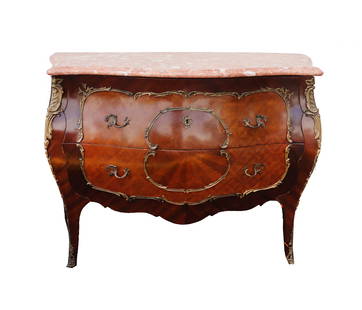 Vintage French Louis XV Style Marble Top Bronze Marquetry Bombe Commode: Vintage French Louis XV Style Marble Top Bronze Marquetry Bombe Commode. Elaborately carved and styled mahogany with luscious pink marble. Comes with a key on a tassel for the two drawers. Plaque scre