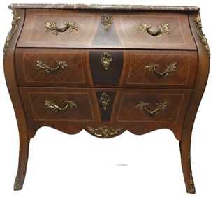 French Rococo Revival Mahogany and Ormolu Bombe Commode Chest with Marble Top