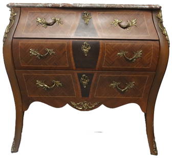 French Rococo Revival Mahogany and Ormolu Bombe Commode Chest with Marble Top: French Rococo Revival Mahogany and Ormolu Bombe Commode Chest with Marble Top. The curved sides, elegant trim, and beautiful marble top make this a stunning example of the classic style. Three sets of