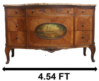 19th Century French Marble Top Serpentine Commode With Landscape Painting: This commode / dresser&nbsp;is a highly decorative piece of furniture, intended as a focal point in a formal room. Its blend of curves, varied wood finishes, and a prominent painted panel gives it a l