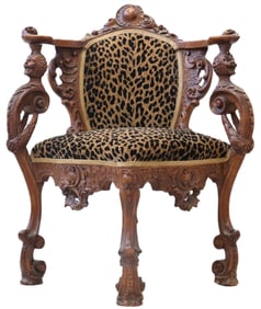 Antique Italian Carved "Fantasy Grotto" Gentleman's Armchair with Leopard Print Upholstery