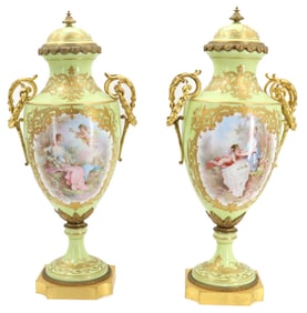 Monumental Late 19th Century Early 20th Century Pale Green French Sevres Style Porcelain and Gilt