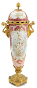 Individual French Sevres Style Signed Porcelain and Gilt Bronze Decorated Covered Urn