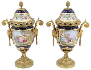 Pair of Late 19th Early 20th Century French Sevres Style Porcelain and Gilt Bronze Covered Urns