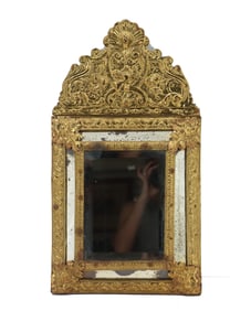 Antique French Wood and Brass Mirror with Brass Overlay