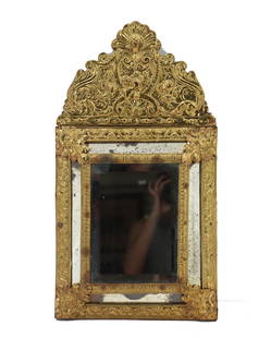 Antique French Wood and Brass Mirror with Brass Overlay: Antique French Wood and Brass Mirror with Brass Overlay. Beveled mirror with mirrored panel surrounds. Condition as pictured. Size : 23 X 12 3/4 in.