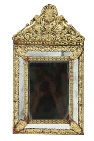 Antique French Wood and Brass Mirror with Brass Overlay