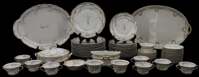 (58) Piece Charles Field Haviland Limoges Dinner Set With Floral with Gold Accents