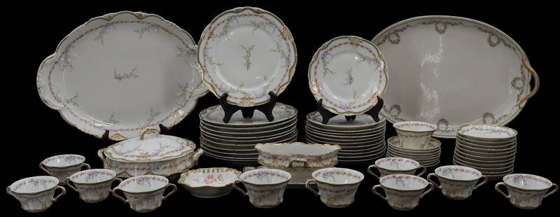 (58) Piece Charles Field Haviland Limoges Dinner Set With Floral with Gold Accents: This exquisite Charles Field Haviland Limoges porcelain dinnerware set features a delicate and refined pattern characteristic of late 19th to early 20th century French design. Each piece is adorned wi