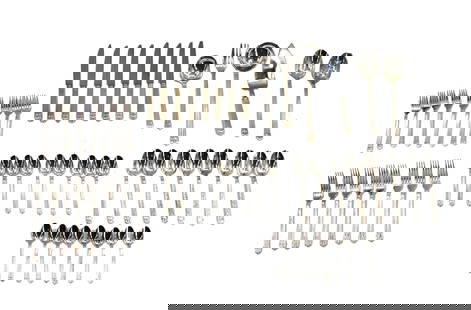 (54) Christofle France Flatware Serving Set for 8: (54) Christofle France Flatware Serving Set for 8. Lot of an eight-person serving set of Chrisoftle flatware, including three types of spoons, dinner and salad forks, butter knives, and collection of